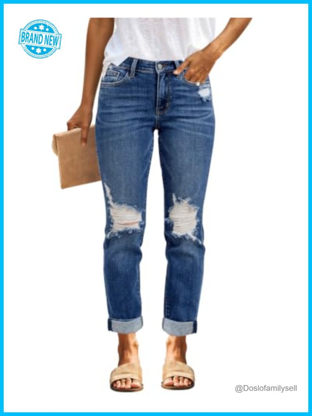 Women's Boyfriend Ripped Mid Rise Stretchy Distressed Jeans Ankle Casual Denim